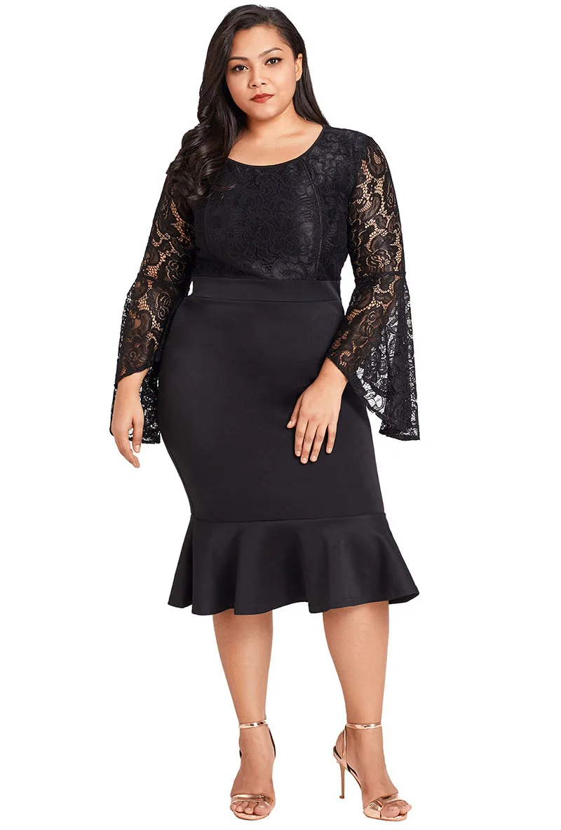 Black-Plus-Size-Lace-Bell-Sleeve-Mermaid-Bodycon-Dress-LC61875-2-4