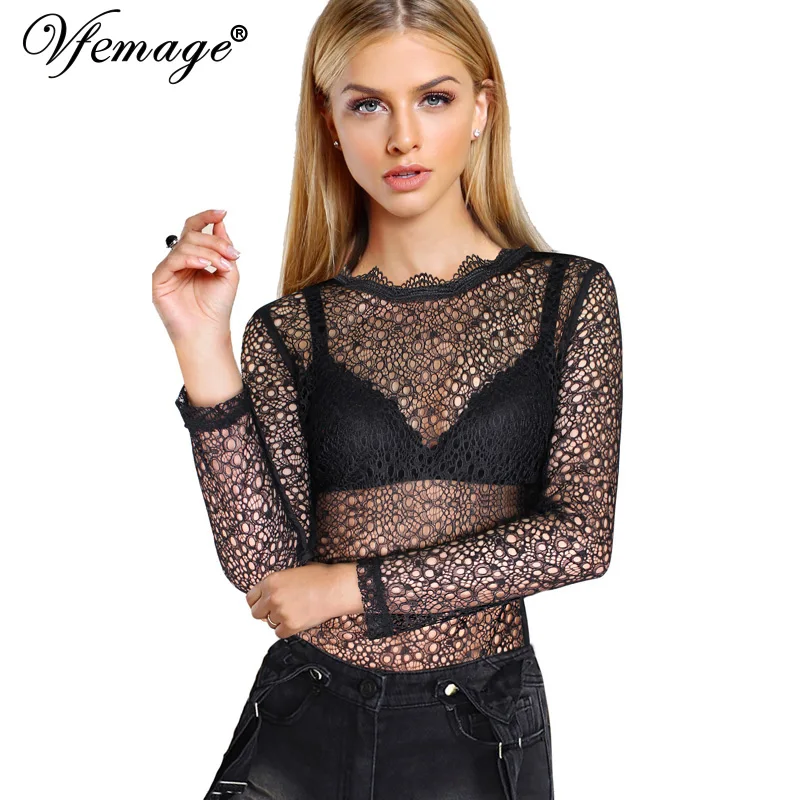 

Vfemage Womens Sexy Sheer See-Through Delicate Lace Keyhole Back Long Sleeve Fashion Party Club Casual Tee Shirts Blouse Top 200