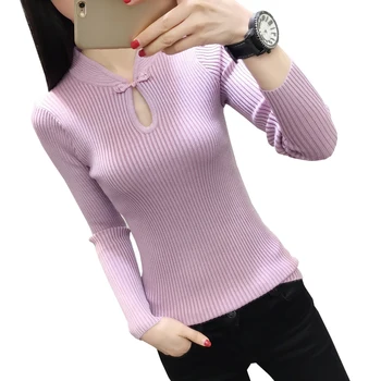 

Mandarin Collar Elastic Knitwear Women Long Sleeve Vintage Women Sweaters and Pullovers Chinese Style Bottoming Knitted Jumpers
