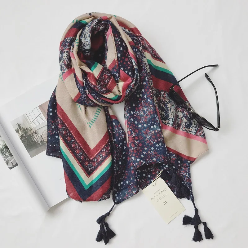 2016 Women Geometry Floral Pattern Tassel Scarf Quality Tassel Cotton