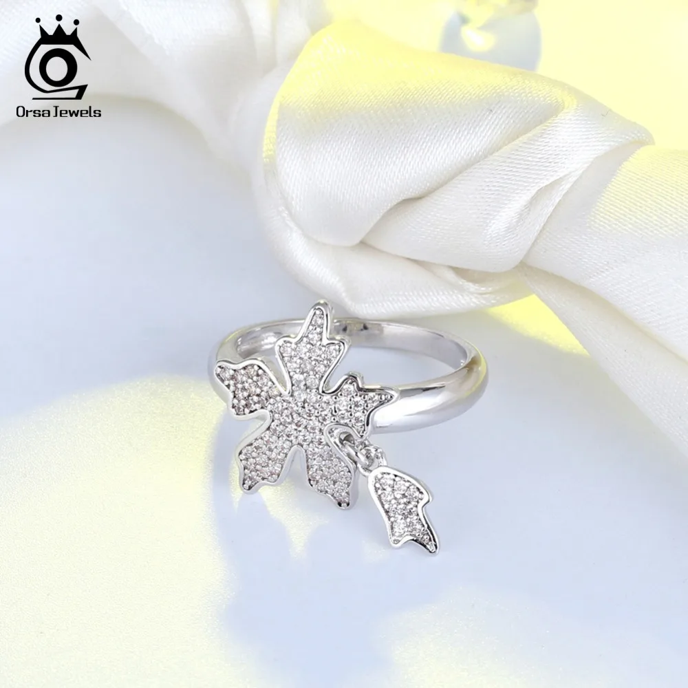 ORSA JEWELS Ring For Women Original Maple Pattern Rings Finger With Charms Luxury Dazzling AAA CZ Silver Color Jewelry OR182