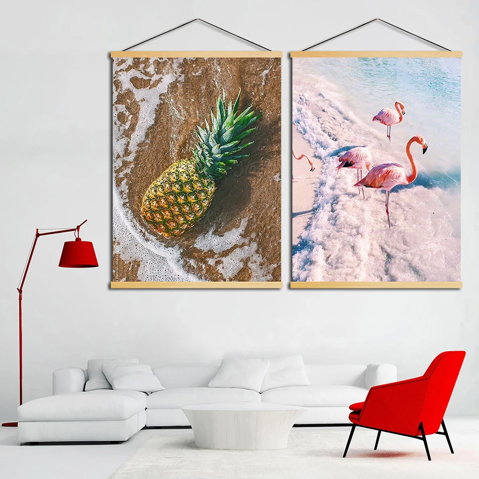 Canvas-Wall-Art-Print-Modern-Flamingo-Pineapple-Solid-Wood-Hanging-Scrolls-Painting-Nordic-Style-Seascape-Home