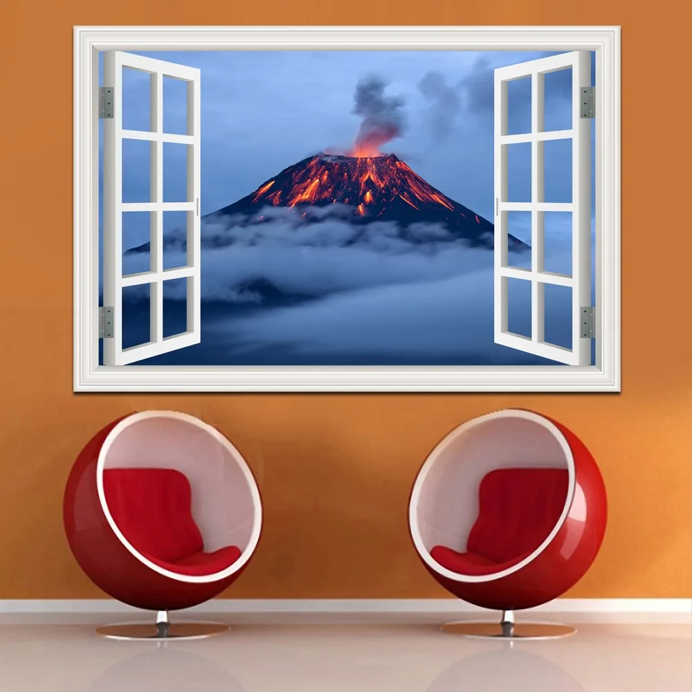 3d оконные пейзажи обои природа пейзаж наклейки на стену удивительный огонь вулкан Виниловая Наклейка Фреска Искусство домашний декор
