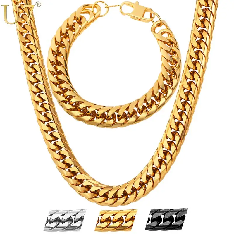 U7 Stainless Steel statement Necklace And Bracelet Set Wholesale Gold Color Hip Hop Chunky Big Chain For Men Jewelry Set S747