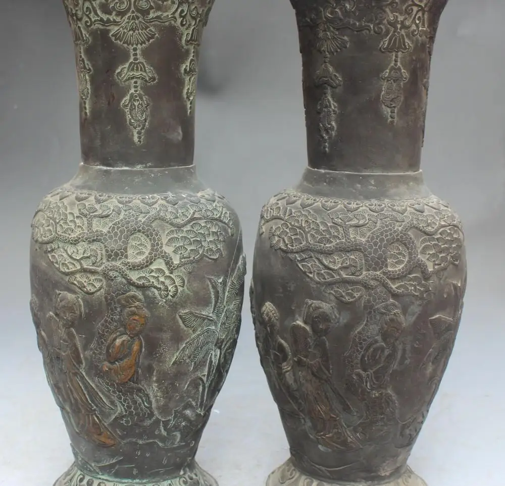 

15" Chinese Dynasty Old Bronze Gilt Beauty Belle Flower Bottle Vase Pair Statue