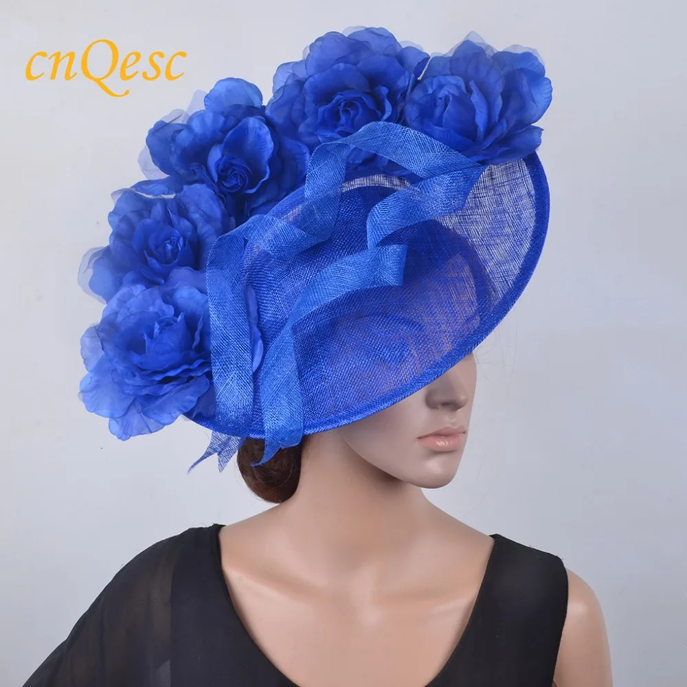 Королевский синий большой головной убор Sinamay w/шелковые цветы для Ascot, Кентукки Дерби, свадьба, гонки