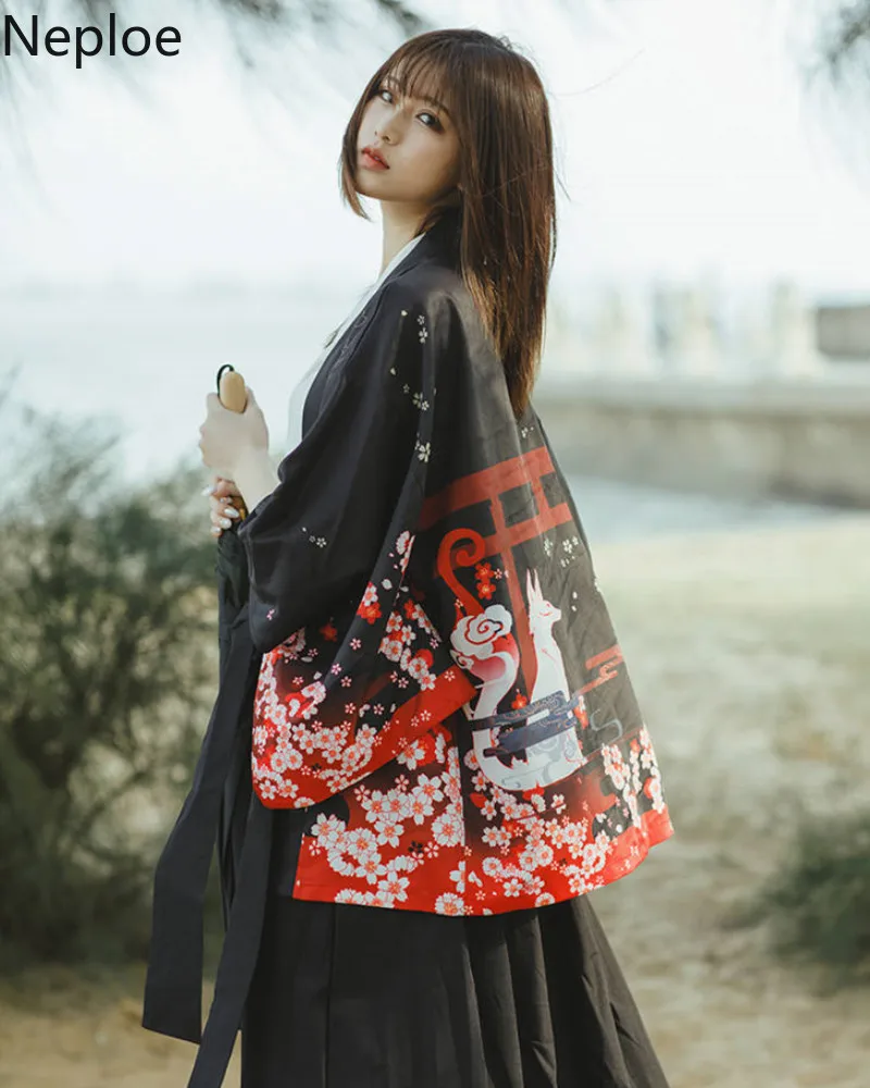 Neploe Харадзюку кимоно кардиган летний женский японский черный Chimono винтажный принт размера плюс Повседневная Свободная рубашка блузка Топы 39003