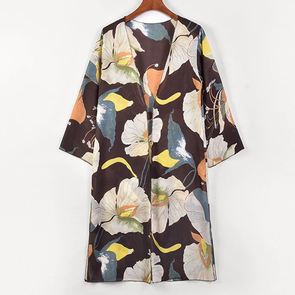 Blusas mujer de moda 2018 Long Kimono Floral Printed Loose Cardigan Bohemian Beachwear Chiffon Tops sleeve Blouse with Sashes Blouses