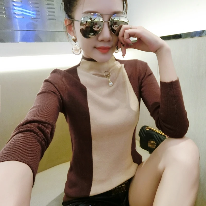 

European Contrast Colors Turtleneck Beading Sweater 2019 New Autumn Winter Clothes Women Top Sueter Mujer Bottoming Shirt M97611