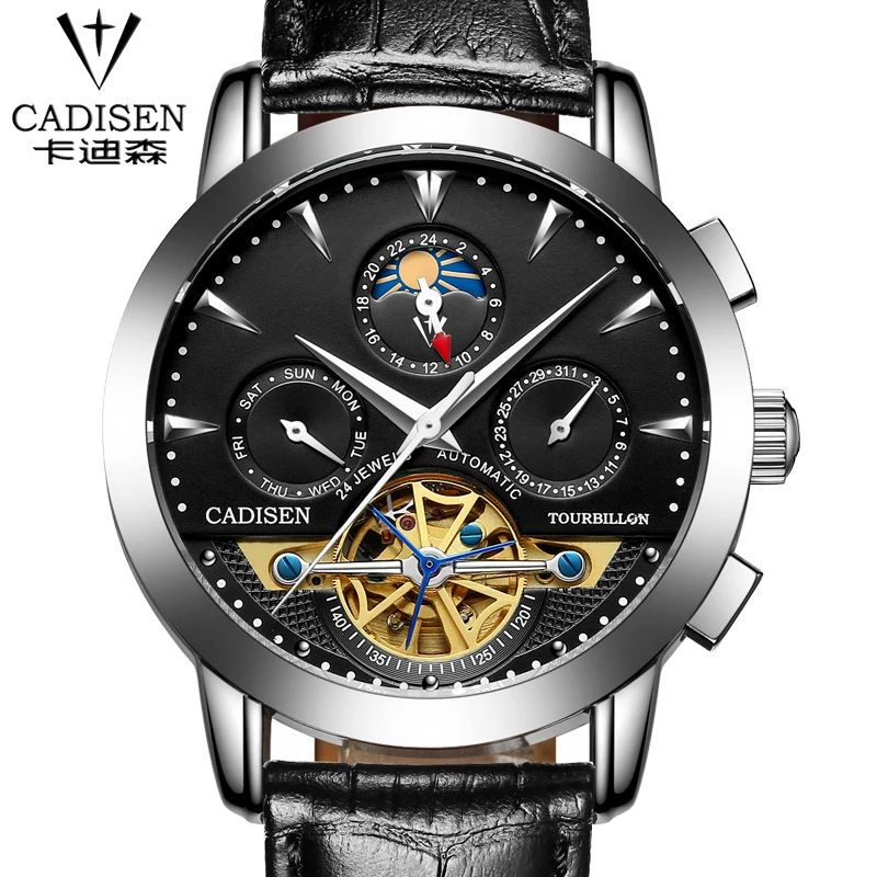 2016 Famous Brand CADISEN Mens Luxury Skeleton Hollow Out Mechanical Watches Relogio Masculino Leather Strap Casual WristWatch