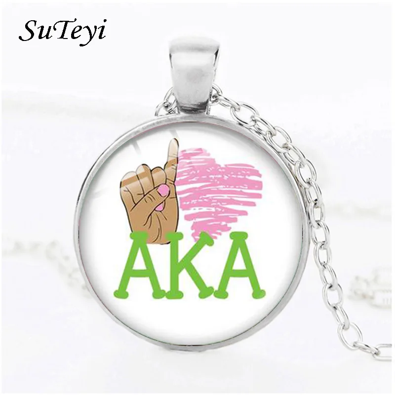 

SUTEYI Classic AKA Glass Pendant Necklace Alpha Kap Alpha Sorority Design Charms Girls Women Men Gift Silver Jewelry