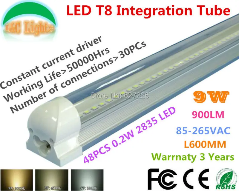 

9W 900LM RA80 T8 Integration LED tube 48PCs 2835 CE RoHS Shopping plaza lights Supermarkets energy-saving lamps 10PCs a Lot
