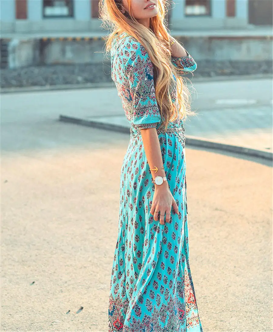 Gladiolus Boho Long Summer Dress Women Half Sleeve V Neck Button Print Floral Women Beach Dress 2019 Ladies Sexy Maxi Dresses (29)