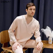 DANALA Silk Satin Pajamas Sets Men Vogue Solid Refreshing Simple Men Nightwear Sets Home Suits Sleepwear Three Quarter Sleeve