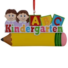 Smile kindergarten children polyresin glossy personalized Christmas tree ornament with yellow pencil and a b c alphabet