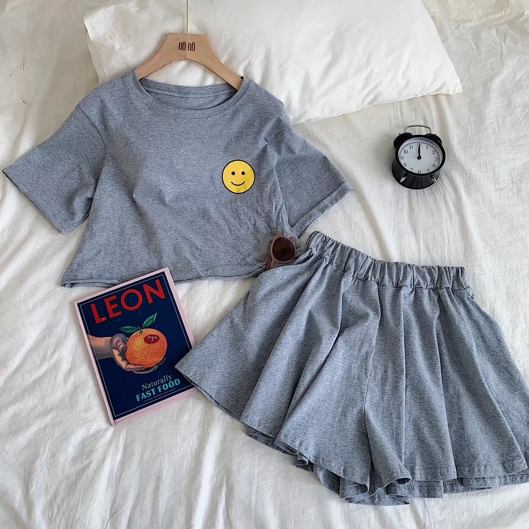 Tracksuit Women Two Piece Outfits Matching Sets Top and Pants Biker Shorts Smiley Print T-Shirt + Wide Leg Pants Skirt Set Tracksuit Women Two Piece Outfits Matching Sets Top and Pants Biker Shorts Smiley Print T-Shirt + Wide Leg Pants Skirt Set