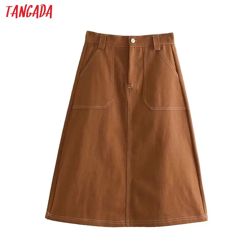 Tangada коричневая юбка трапеция осень зима юбка ниже колена юбка миди широкая юбка джинсовая юбка с контрастными строчками офисная юбка деловой стиль 4N53