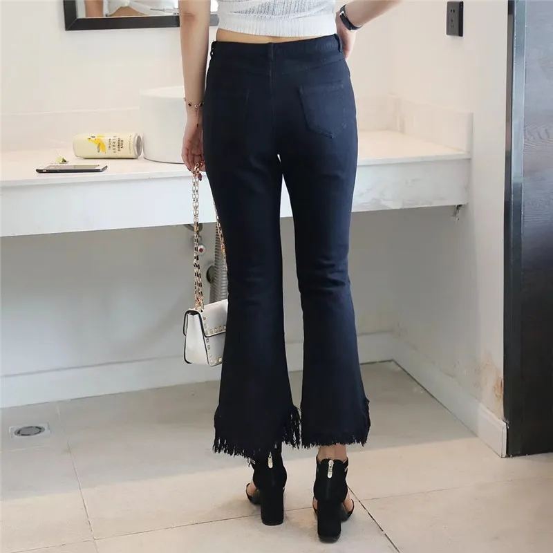 Расклешенные женские джинсы в винтажном стиле с завышенной талией, женские облегающие джинсы темно-синие однотонные широкие черные джинсовые штаны для молодых девушек