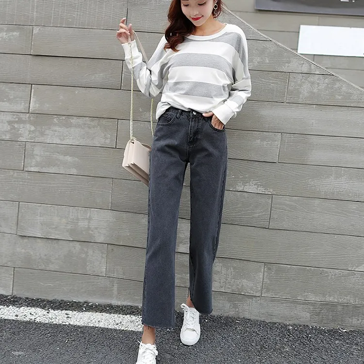 2018 Осень Новый корейский стиль Высокая талия джинсы Широкие брюки женские модные Свободные повседневные джинсы черные Сплит джинсовые