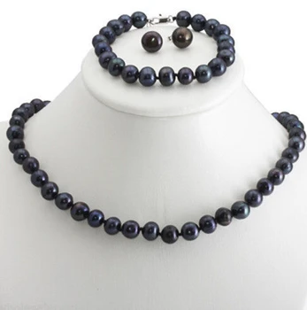 

free shipping $wholesale_jewelry_wig$ Genuine 8-9mm Freshwater Cultured Pearl Black Necklace Bracelet & Earrings Set