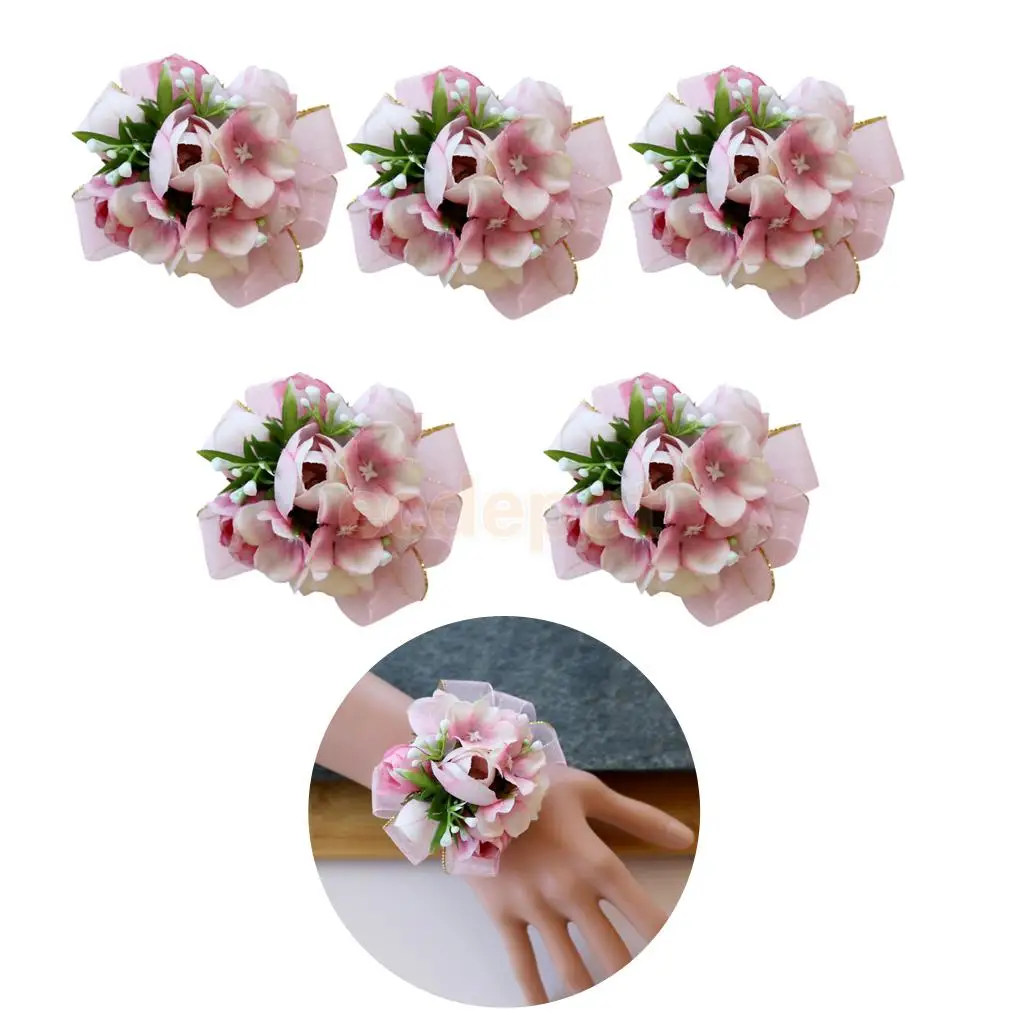 5pcs Silk Hand Flowers Wedding Bride Bridesmaid Wrist Corsage Peach Pink