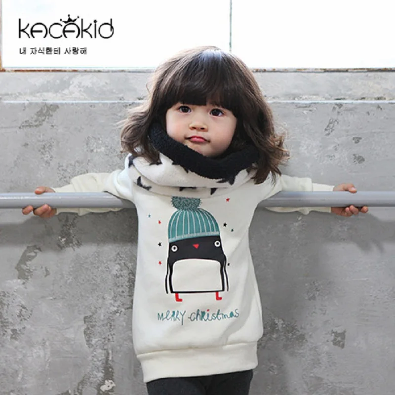Kacakid Autumn winter children clothing kids cute penguins baby boy girls velvet thickening sweater baby cotton