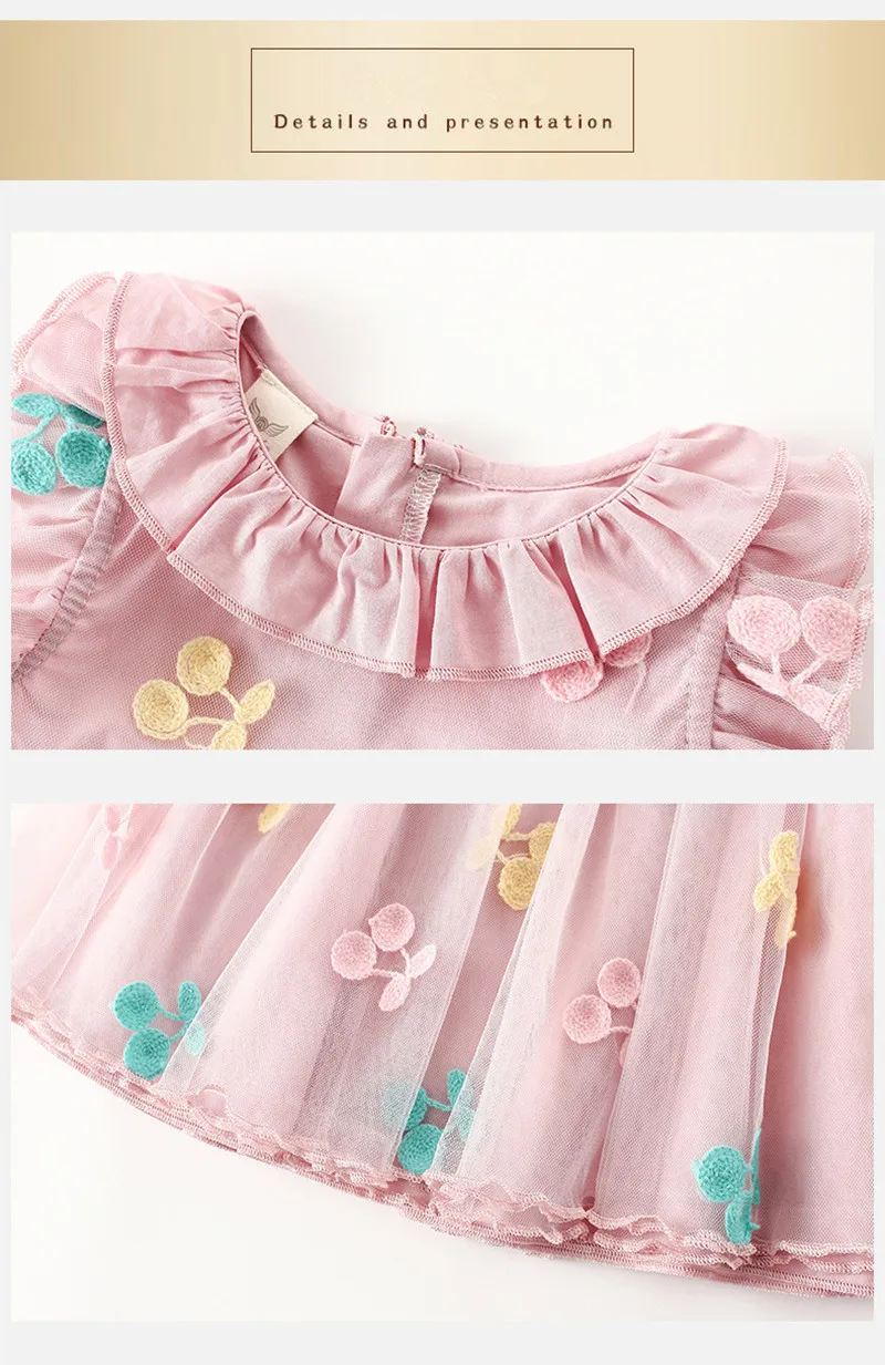 Платье для маленьких девочек хлопковые буфы на рукавах с вышивкой вишни кружевные бальные платья для новорожденных От 0 до 2 лет