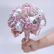 Розовый букет свадебных цветов атласная роза; Роскошная обувь с кристаллами; Туфли-ювелирные изделия Красочные бордового цветов Искусственный Свадебный букет невесты