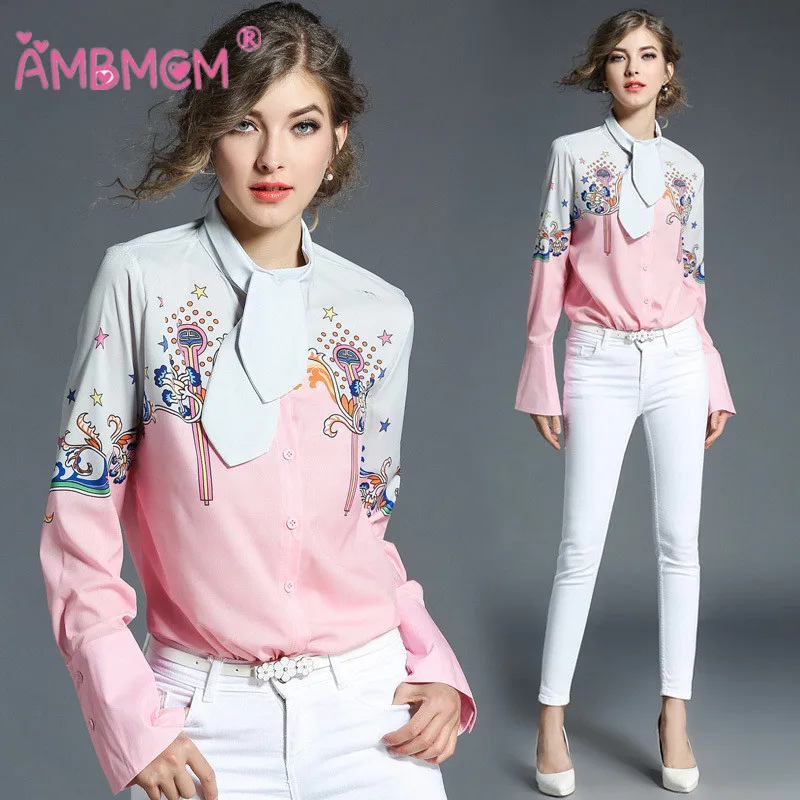 

Fashion Women Blouse Long Sleeve Bow Collar Shirts Print Vintage Blouses Tops High Quality Brand Runway New 2018 Shirt AMBMCM