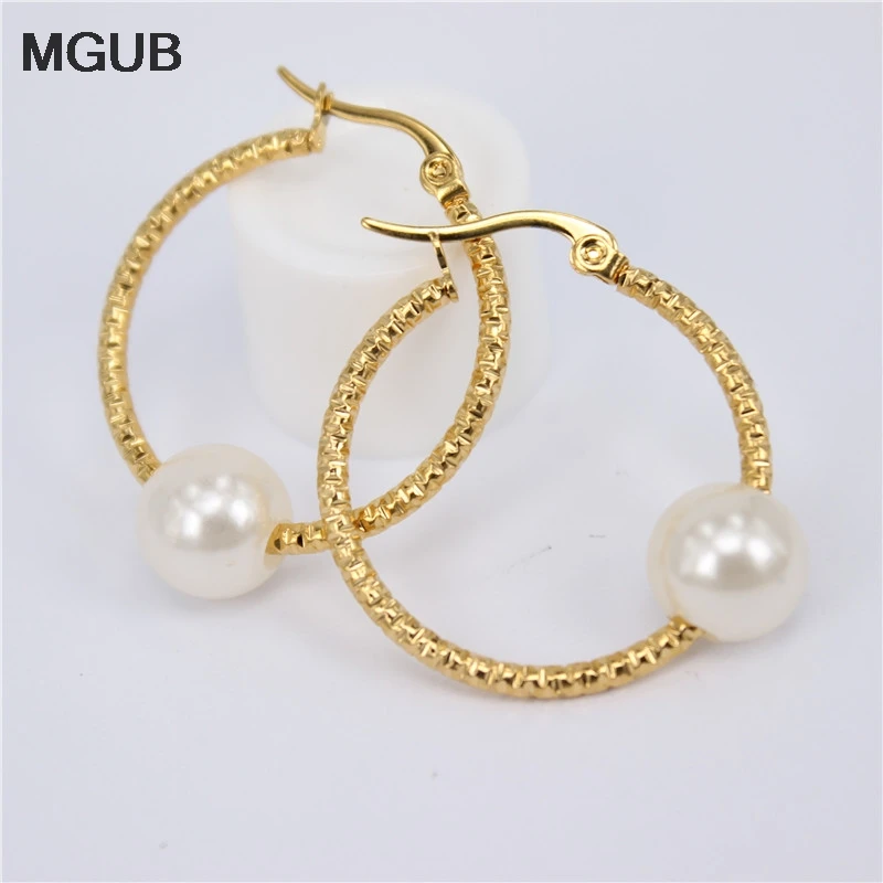 

MGUB 15mm 30mm stainless steel gold color imitation pearl earrings Shiny Fashion Gift Comfortable wear for men and women