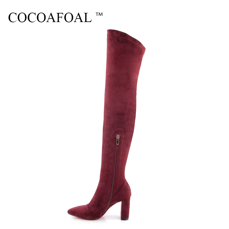 

COCOAFOAL Sexy Genuine Leather Chelsea Over The Knee Boots Pointed Toe Black Red Thigh High Boots Winter Woman High Heeled Shoes