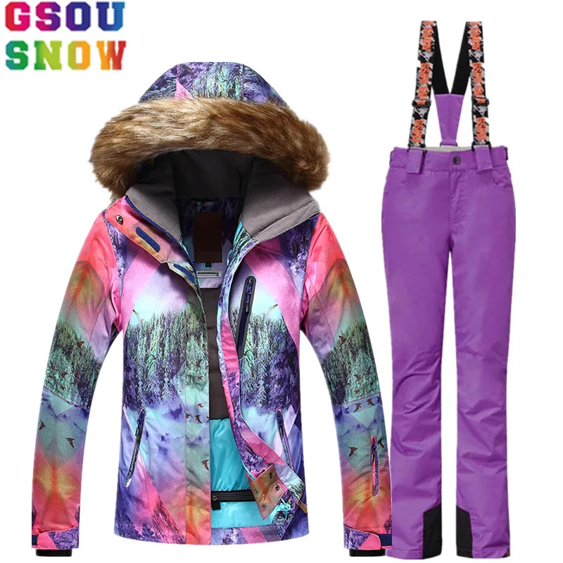 

GSOU SNOW women's winter white windproof Waterproof Ski Jacket+pants set Snowboard Ski Suit Skiing Outdoor camping Snow Clothing