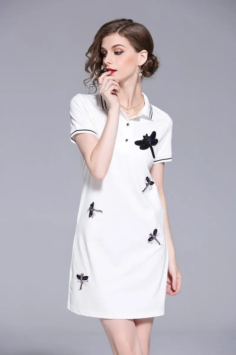 New Arrival 2018 Brand Clothing Summer Short Sleeved T-shirt Dress Women Embroidery Beading Casual White POLO Shirt Dress S-XXL