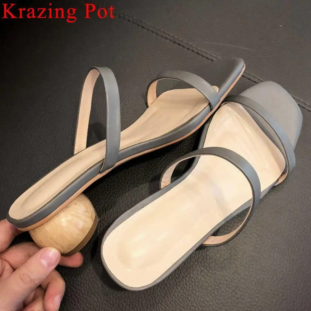 

Krazing Pot hot selling natural leather concise style peep toe shoes art design wood heels simple style mules casual shoes L48
