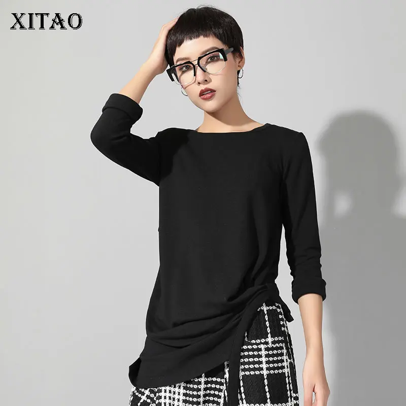 

[XITAO] Irregular Female Spring Summer 2019 New Casual Tee Korea Fashion Full Sleeve Solid Color O-Neck Women T-shirt WBB2675