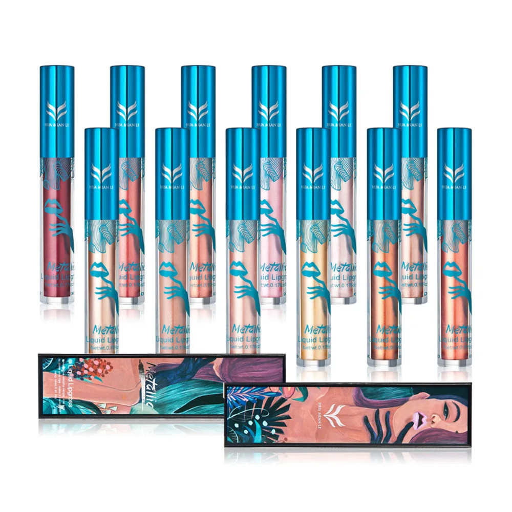 

12 Color Pearl Shimmer Metallic Liquid Lipgloss Shiny Lip Tint Non-stick Cups Lip Gloss Non Fading Lasting Moisturizing Makeup