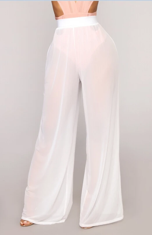Популярные Женские однотонные широкие брюки с высокой талией длинные брюки для пижамы повседневные свободные прозрачные пижамы