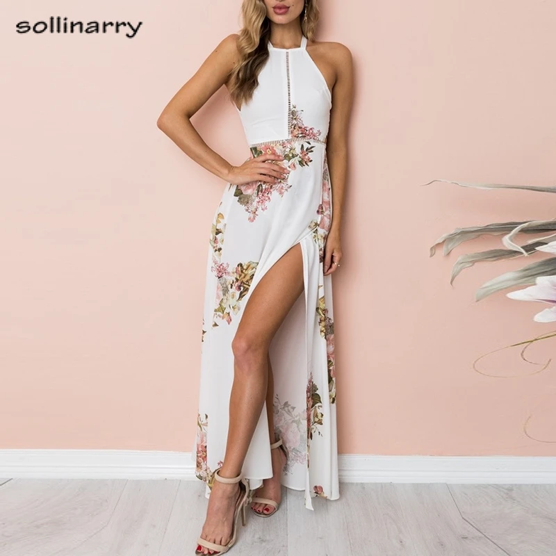 Sollinarry Floral print halter white maxi dresses women 2018 Summer ...