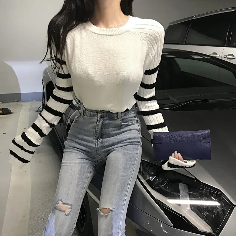 fashion Sexy pullover sweater striped stitching slim short women | Женская одежда