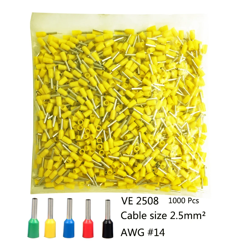 

VE2508 1000/Pcs electrical crimp terminals nylong sleeve tube terminal wire connector cable size 2.5mm2 AWG14