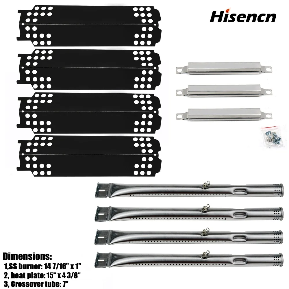 Hisencn BBQ 4 Pack Grill Burners, 4Pack Heat Plate and 3 Pack Crossver Tube Replacement Parts for Charbroil 463436215 463436213 Hisencn BBQ 4 Pack Grill Burners, 4Pack Heat Plate and 3 Pack Crossver Tube Replacement Parts for Charbroil 463436215 463436213