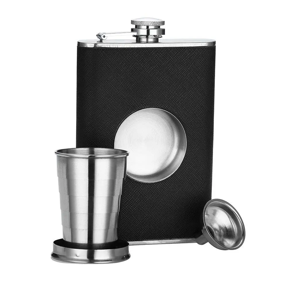 Stainless Steel 8 oz Hip Flask Built in Collapsible 2 Oz Shot Glass
