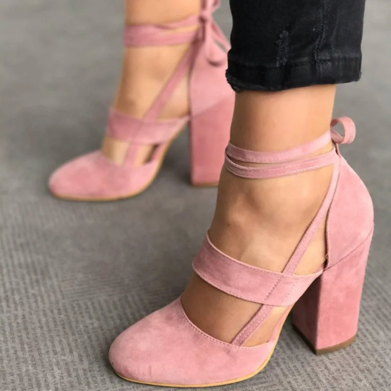 

Tangnest 2019 New Summer Fashion Sandals Women Square High Heels Ankle Strap Lace-up Solid Pumps Mujer Causal Sexy Shoes WXG529