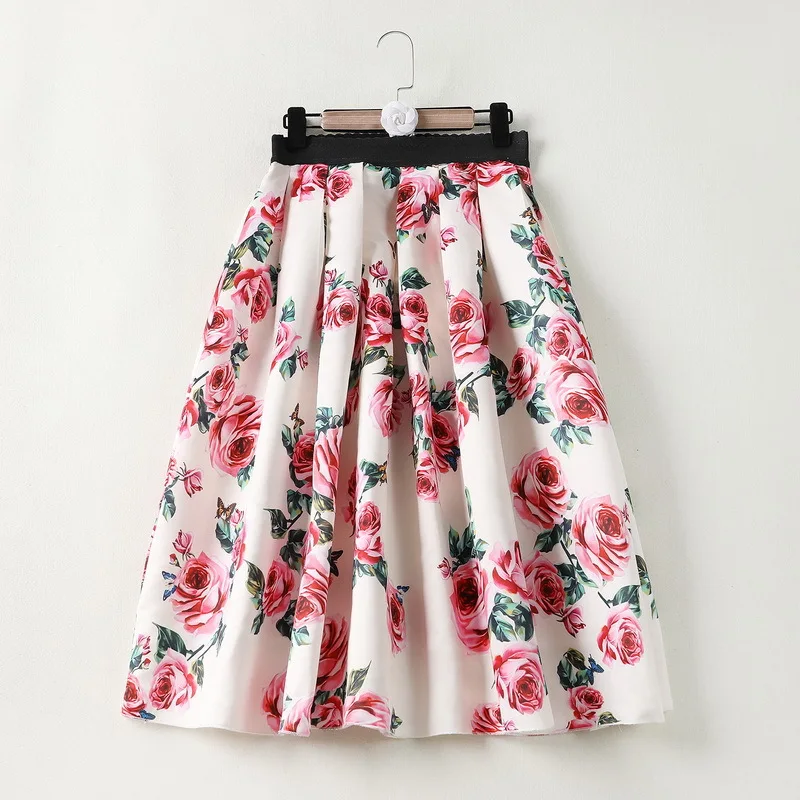 D Роскошная брендовая подиумная юбка для женщин, сицилийский стиль, сексуальная высокая талия, Бабочка, роза, принт, трапециевидная юбка до середины икры, вечерние платья