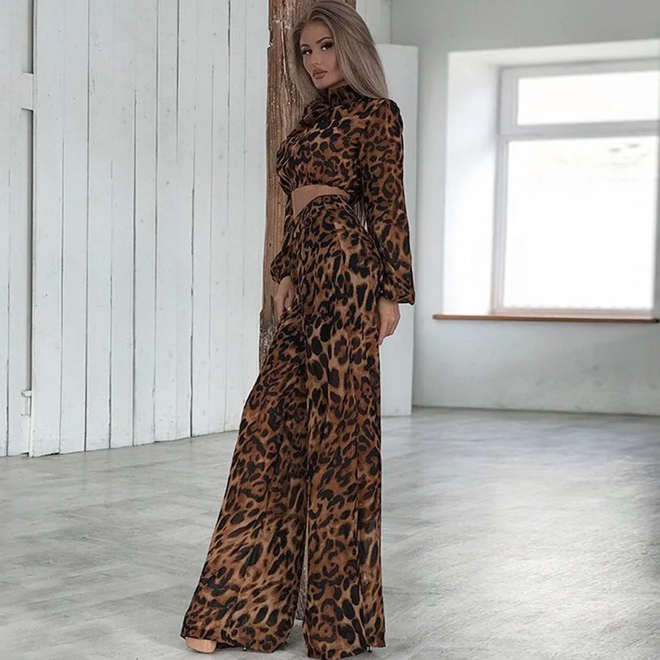 Ladylike Леопард две детали с принтом укороченный топ женские брюки комплект длинным