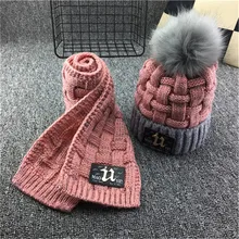 Scarf-Set Hat Beanie Kids Winter Knit Novelty with Pu-Patches Thickened Fleece Soft