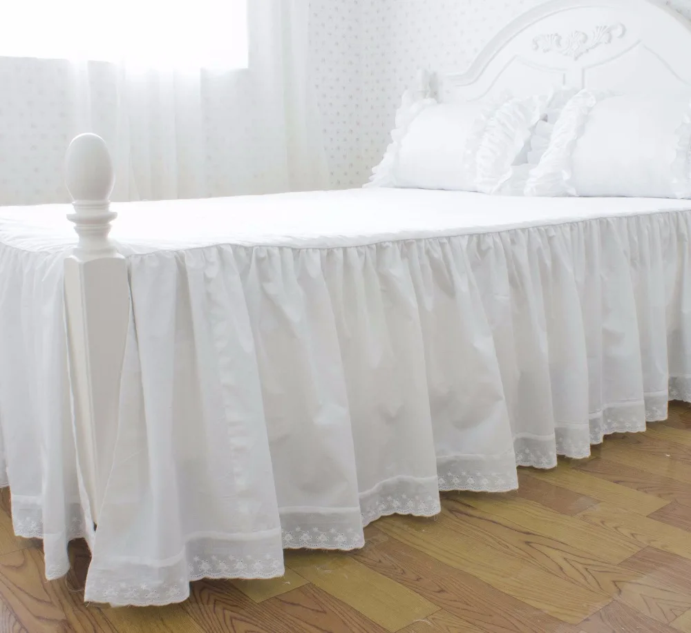 

Free shipping 100%cotton satin white embroidered with bed surface bed skirt kick pleat bed apron twin full queen king size