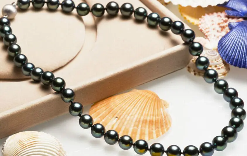 

stunning 9-10mm tahitian black green pearl necklace 19inch silver