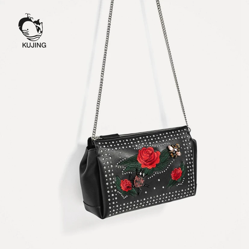 

KUJING Fashion Handbags High-end PU Embroidered Women Shoulder Messenger Bag Ladies Party Casual Bag Hot Black Business Lady Bag