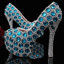 Homecoming Graduation Ceremony Shoes luxury blue gems rhinestones handmade shoes big crystals diamonds high heels wedding shoes